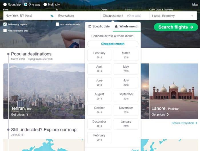 Skyscanner search cheapest month to Everywhere 2018
