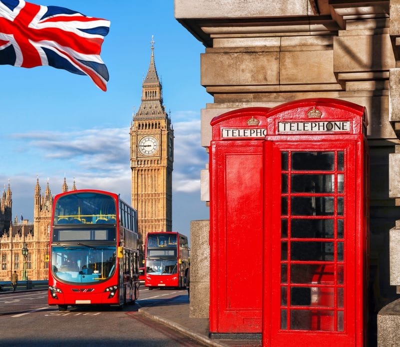 London telephone booth and Big Ben and double decker bus