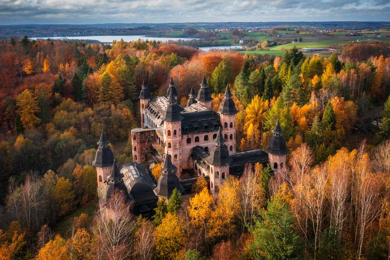 Castle in Lapalice in Kashubian forests and lakes in autumn Poland