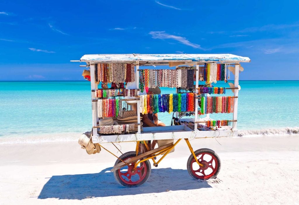 Our favorite beaches from 20 years of travel Cart selling souvenirss on Playa Azul Varadero Cuba 